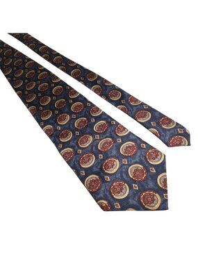 Bill Blass Silk Tie Navy Tan Maroon Circle Pattern Vintage Designer Work Necktie